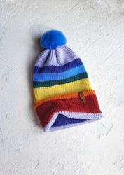 striped hat pompom hat striped hat colorful hat blue pompom red lapel uniserk hat warm hat