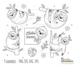 Sloths Outline SVG, Sloths clip art, Outline, SVG File, hand drawn, PNG, Digital Download