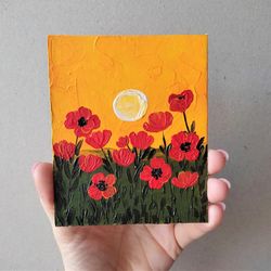 field of poppies small painting, sunset mini art, landscape impasto painting original artwork