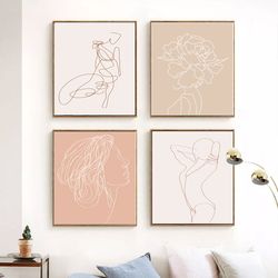 women line drawing pink wall art set of 4 prints digital art minimalist poster large artwork woman line art beige art