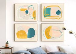 yellow abstract art set of 4 wall art scandi art home decor geometric print digital prints 4 posters yellow blue decor