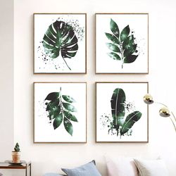 leaf print set of 4 prints green decor printable art botanical print plants painting scandi poster 4 piece wall art