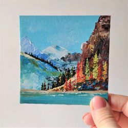 mountain landscape painting, mountain lake art wall decor, nature impasto painting original artwork