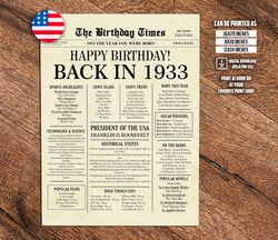 1933 poster, 90th birthday newspaper sign, 1933 birthday poster instant download, 90 years ago back in 1933