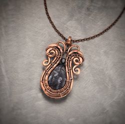 copper wire wrapped pendant / jasper and hematite / necklace with precious stones / wire weaving antique necklace