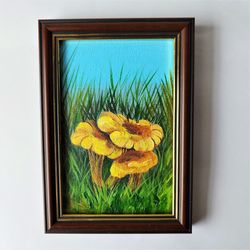 mushroom painting original artwork, chanterelles painting on canvas, mushroom small wall decor