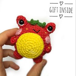 strawberry frog plush | frog crochet | anxiety pet | worry buddy | frog stress ball | frog rear view mirror charm