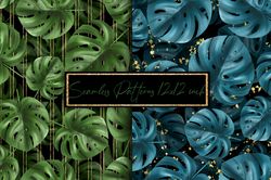 seamless patterns with monstera leaves. monstera digital paper, jpg.  digital downloads