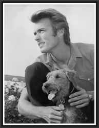 young clint eastwood and his dog movie star poster digital wall art home decor american movie actor  black and white