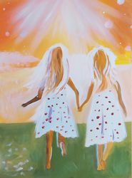 sisters painting, oil painting, original art, gift personal, girls painting, friends painting, wall decor, 16 by 12"