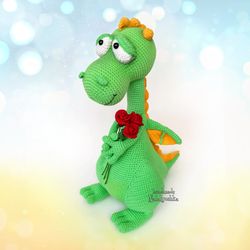 green dragon with roses, flying reptile, soft crochet toy, fantasy lovers gift, welsh dragon nursery, handmade toy