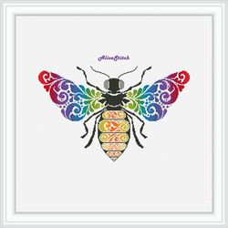 cross stitch pattern insect bee silhouette ornament wings rainbow curls honey counted crossstitch patterns/download pdf