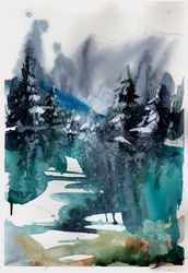 frosty river painting winter landscape original watercolor art winter nature painting village countryside painting