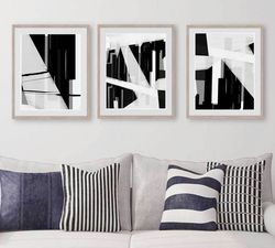 abstract black art printable art set of 3 prints large artwork abstract painting black gray wall art triptych poster