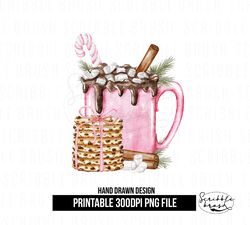 pink christmas hot chocolate cookies mug sublimation png design