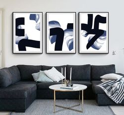 concept poster set of 3 prints abstract painting large art digital download triptych dark blue art navy blue wall art