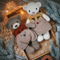christmas bear knitting pattern, stuffed knitted doll, animal toy pattern, pdf digital download