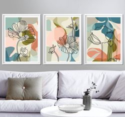 abstract botanical floral print abstract flowers art set of 3 wall art blue pink decor digital prints triptych painting