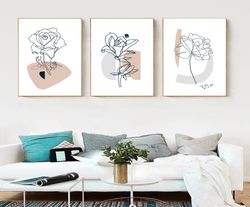 flower line print floral line drawing pink decor set of 3 wall art digital prints botanical art triptych flowers art