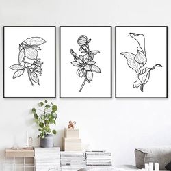 flowers art digital prints floral line drawing set of 3 wall art flower line print botanical art triptych kitchen decor