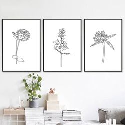 line drawing flower line art set of 3 wall art digital prints minimal art floral art botanical line print kitchen decor