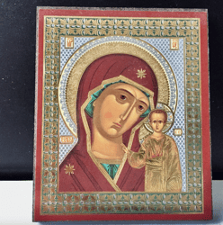 the mother of god of kazan | mini icon gold and silver foiled mounted on wood  | size: 3 1/2" x 2 1/2"