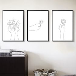 love art line drawing hands art minimalist print flower line art set of 3 prints printable wall art valentine day art