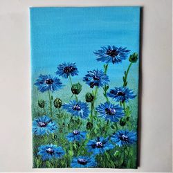 cornflowers painting, field of flowers wall decor, blue flowers impasto painting, landscape original artwork