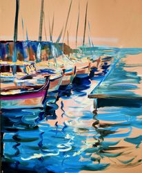 boats in harbor original oil painting marina painting seascape artwork sailboats abstract painting modern art 20x16 in