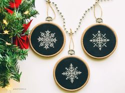 silver snowflakes cross stitch pattern pdf, set of 3 christmas tree ornaments, snowflakes embroidery design winter decor