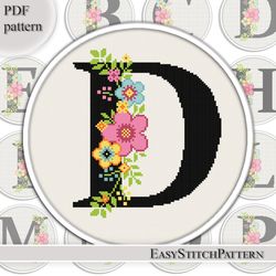 Monogram cross stitch pattern. Floral Letter cross stitch. Letter D cross stitch. Wedding. Anniversary.