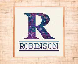 monogram r cross stitch pattern, letter cross stitch, galaxy family name customizable cross stitch