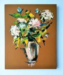 modern floral art original oil painting peonies painting flowers in a vase canvas art abstract painting 20 x 16 inch