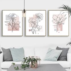 flower line drawing pink art digital prints set of 3 wall art flowers print botanical art floral poster kitchen decor