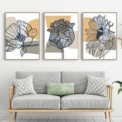 flower line drawing yellow green art set of 3 prints printable wall art botanical print floral poster kitchen decor