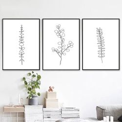 plant line drawing minimalist poster set of 3 prints printable wall art leaves artwork leaves line art botanical print