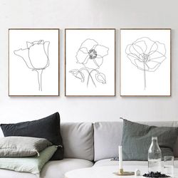 minimalist art flower print line drawing printable wall art floral line art set of 3 prints botanical poster home decor