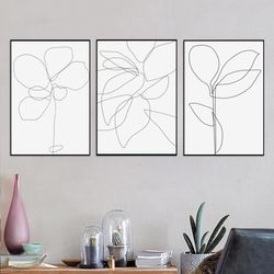 abstract botanical leaf line drawing digital prints set of 3 wall art leaves line art minimalist print large poster