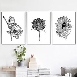 flower poster black white print printable wall art floral art plants line art set of 3 prints botanical art line drawing