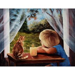 a boy and a cat are two friends original art oil painting on canvas wall art 12x16inces wall art