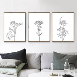 flower line drawing minimal line art set of 3 prints printable wall art plant print botanical art floral poster home art