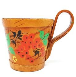 ussr vintage bark wood mug cup hand painted rowanberry 1970s