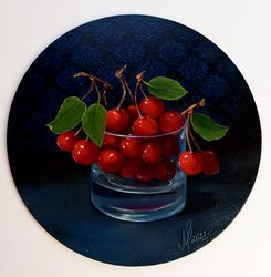 cherry painting still life with cherries in a glass oil painting wall art canvas stretched on cardboard 12x12 in.ches