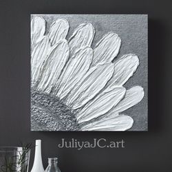 silver daisy original painting textured flower artwork abstract wall art floral wall art modern wall decor with crystals