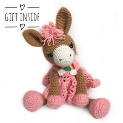 donkey plush | crochet donkey | cute plush | gift for toddler | doll with clothes | gift for a girl | farm animals