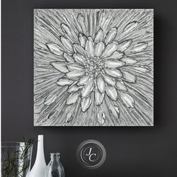 silver daisy textured flower artwork original painting floral wall art modern wall decor with crystals