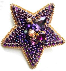 violet star brooch, beaded brooch, embroidered brooch, space pin, star pin, brooch pin, handmade brooch, gift for her