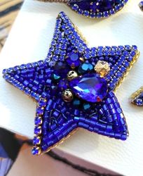 blue star brooch, beaded brooch, embroidered brooch, space pin, star pin, brooch pin, handmade brooch, gift for her