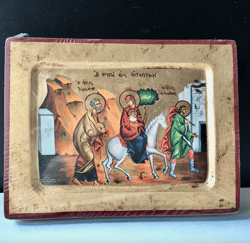 the holy family's flight into egypt, handmade greek icon | high quality serigraph icon on wood | size: 7" x 5,5"