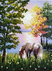 acrylic painting landscape horse on the lake.